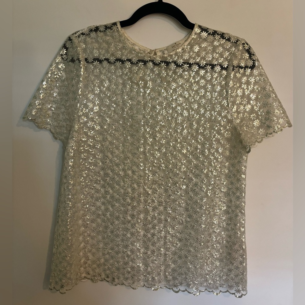 Kate Spade Womens Semi Sheer Short Sleeve Top Embroidered Gold Flowers Scallop